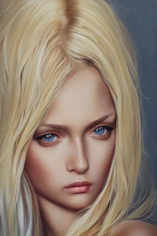 Image similar to realistic painting of a holy blonde female angel, godray, beautiful, detailed, octane render, by artgerm, elegant, matte, symmetrical realistic facial features, biblical