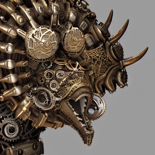 Image similar to A steampunk ornate made of engraved full plate armor and gears shaped in Styracosaurus head at the center, Macro shot by Justin Gerard, unreal engine, physically based rendering