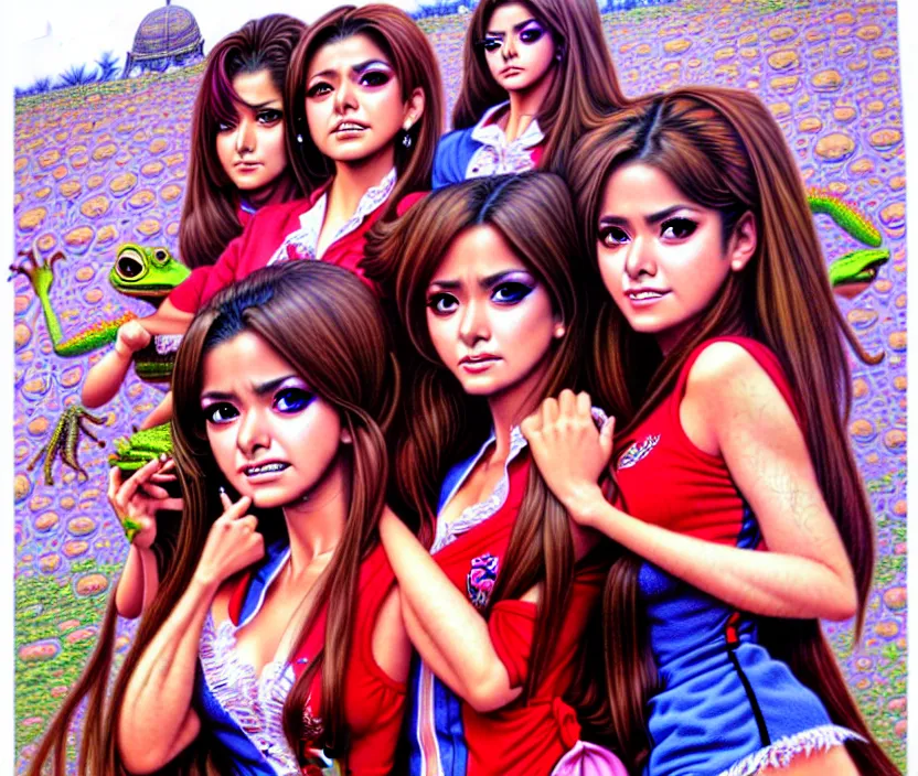 Prompt: richly detailed colored pencil 3D illustration of the female students of the Mexican telenovela called Rebelde who are resigned to their fate of being engulfed by an evil toad demon. surreal art by Range Murata and Artgerm.