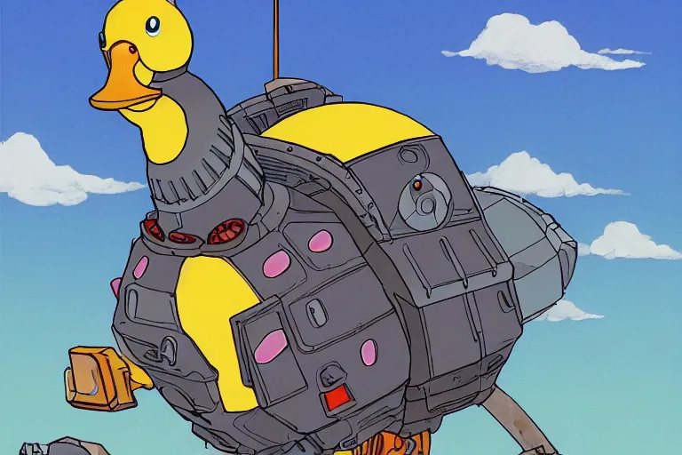 Image similar to illustration of a heavily armoured mechanical duck by studio ghibli, ominous, vivid colors, colorful