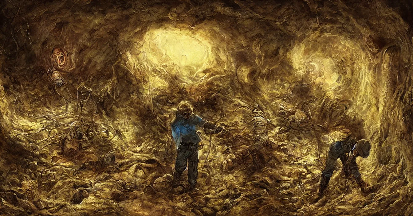 Image similar to futuristic archaeologist excavating buried ugly alien nest hidden in deep dark wet cave, deep sense of horror atmosphere, visual fidelity and plasticity, depth defocus, digital art, horror colors, in style of franklin booth