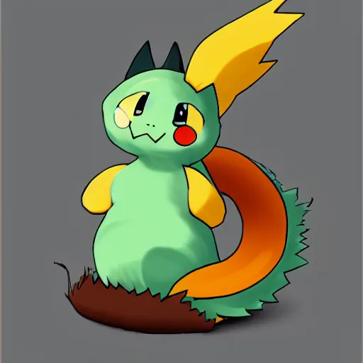 Prompt: A pokemon that looks like A squirrel ，The tail is a curly Ferns ，sitting on a tree branch ，Trending on art station. Unreal engine.