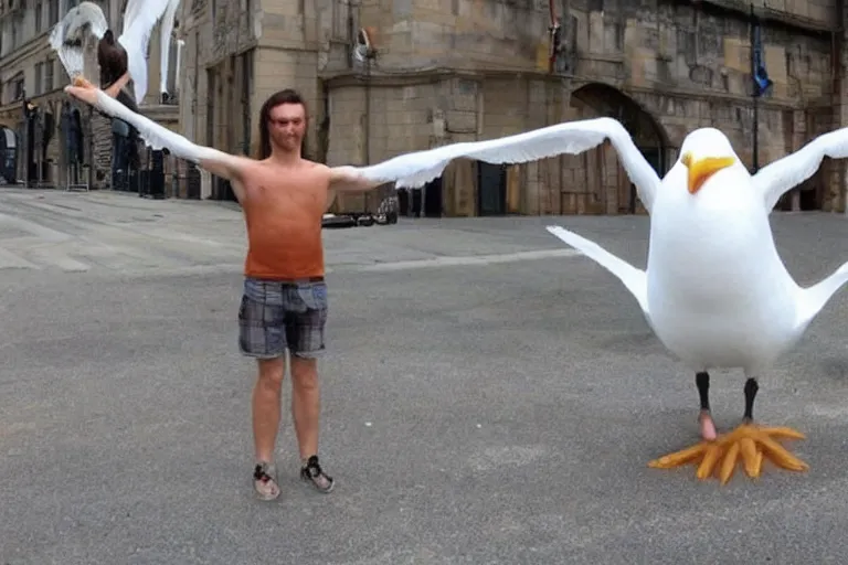 Image similar to giant seagull with human arms, extremely realistic, extremely detailed