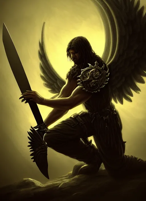 Image similar to fantasy art, fallen man angel kneeling with a sword and shield and wings, close-up, bokeh. dark art masterpiece artstation. 8k, sharp high quality illustration in style of Jose Daniel Cabrera Pena and Leonid Kozienko, Tooth Wu, studio lighting