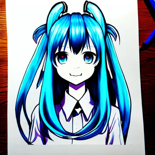 Image similar to hatsune miku v 3, blue pen art on paper