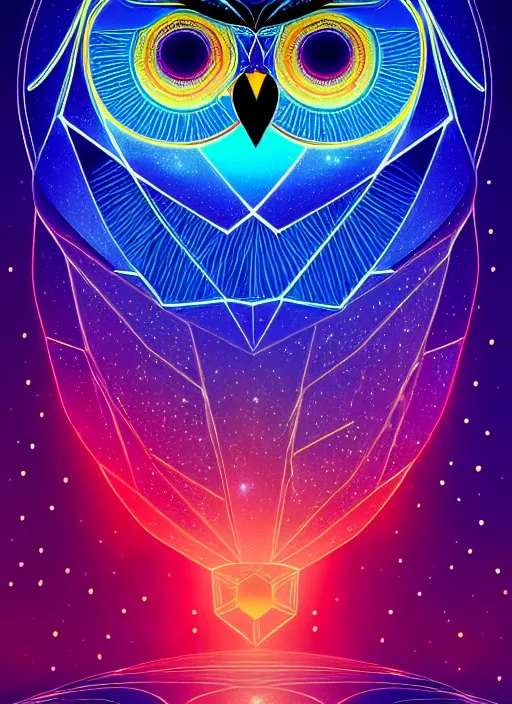 Image similar to symmetry!! product render poster vivid colors divine proportion owl, starry sky, glowing fog intricate, elegant, highly detailed, digital painting, artstation, concept art, smooth, sharp focus, illustration,