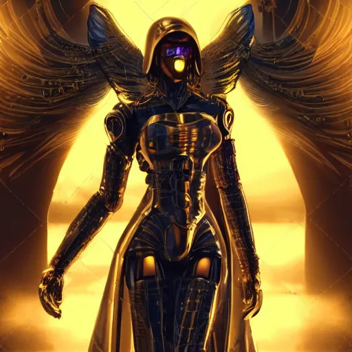 Prompt: tall female cyber angel, cyberpunk armor, flowing robes, ornate gothic interior, realistic, golden light