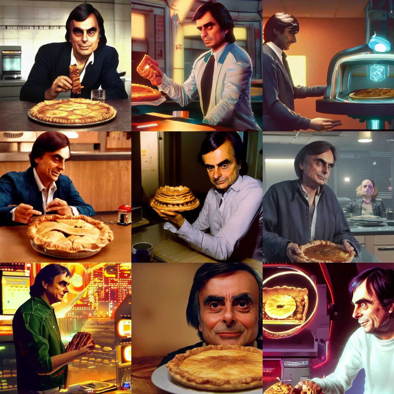 Prompt: carl sagan looking at an apple pie in cyberpunk 2 0 7 7 cp 2 0 7 7 3 8 4 0 x 2 1 6 0 cosmos