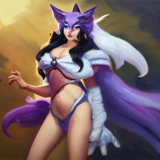 Prompt: greg manchess portrait painting of ahri from league of legends as overwatch character, medium shot, asymmetrical, profile picture, ambient occlusion, organic painting, sunny day, matte painting, bold shapes, hard edges, street art, trending on artstation, by huang guangjian, gil elvgren, ruan jia, greg rutkowski, gaston bussiere