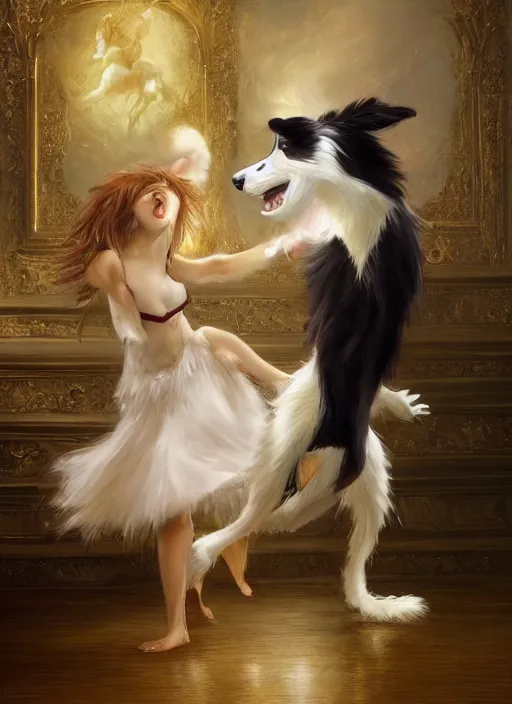 Image similar to wide shot painting of a male anthropomorphic border collie fursona dancing with a cute female anthropomorphic sheep fursona in a ballroom, beautiful, intricate, elegant, realistic proportions, highly detailed, scenic background, trending on artstation, art by charlie bowater and henry asencio and and ross tran