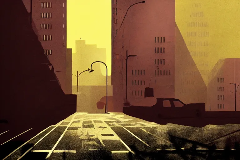 Prompt: editorial illustration by Karolis Strautniekas and Mads Berg synthwave, portrait of a lonely city, colorful, fine texture,detailed, muted colors,film noir, dramatic lighting, dynamic composition,moody, vivid, matte print, Crepuscular rays