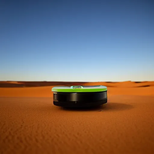 Image similar to peaceful Roomba for monitoring the australian desert, XF IQ4, 150MP, 50mm, F1.4, ISO 200, 1/160s, dawn, golden ratio, rule of thirds