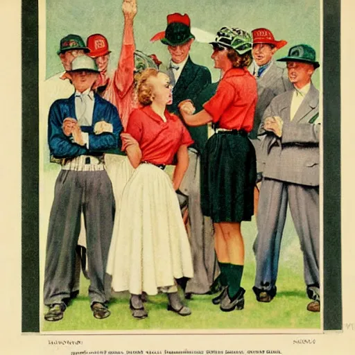 Prompt: 1946 baseball game, small town America, women in suits, women players, drawn by Norman Rockwell