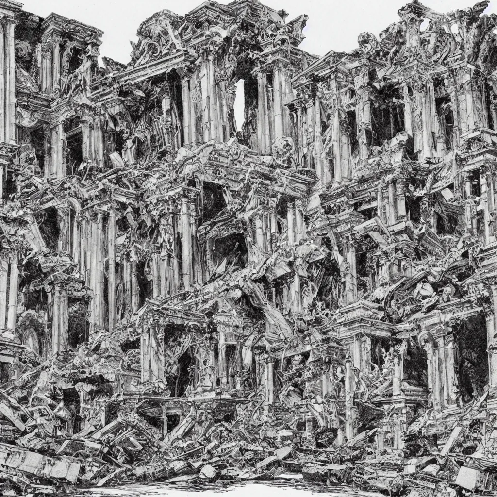 Image similar to extremely detailed illustration by bernie wrightson of a destroyed panteon with 7 statues of extint forgotten gods