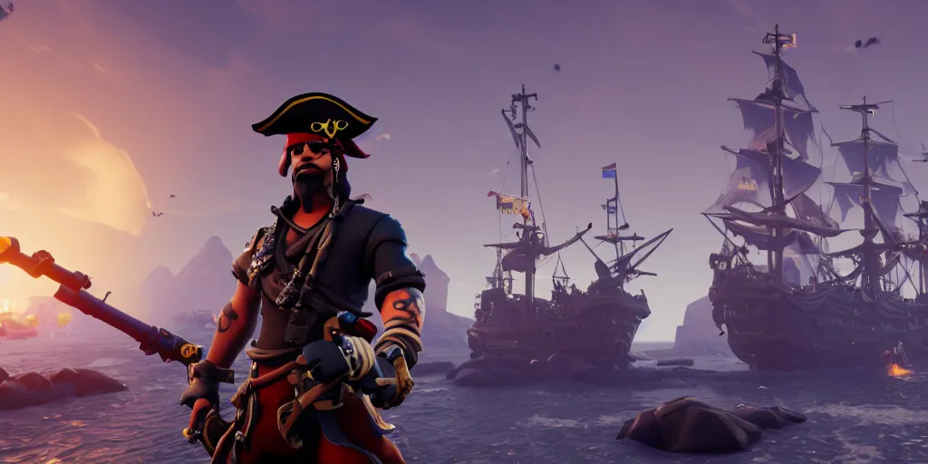 Image similar to A screenshot of pirate standing on the front of the ghost ship with the black Jolly Roger flag in Fortnite, 3D, Unreal Engine, 4K UHD, RTX, DLSS,