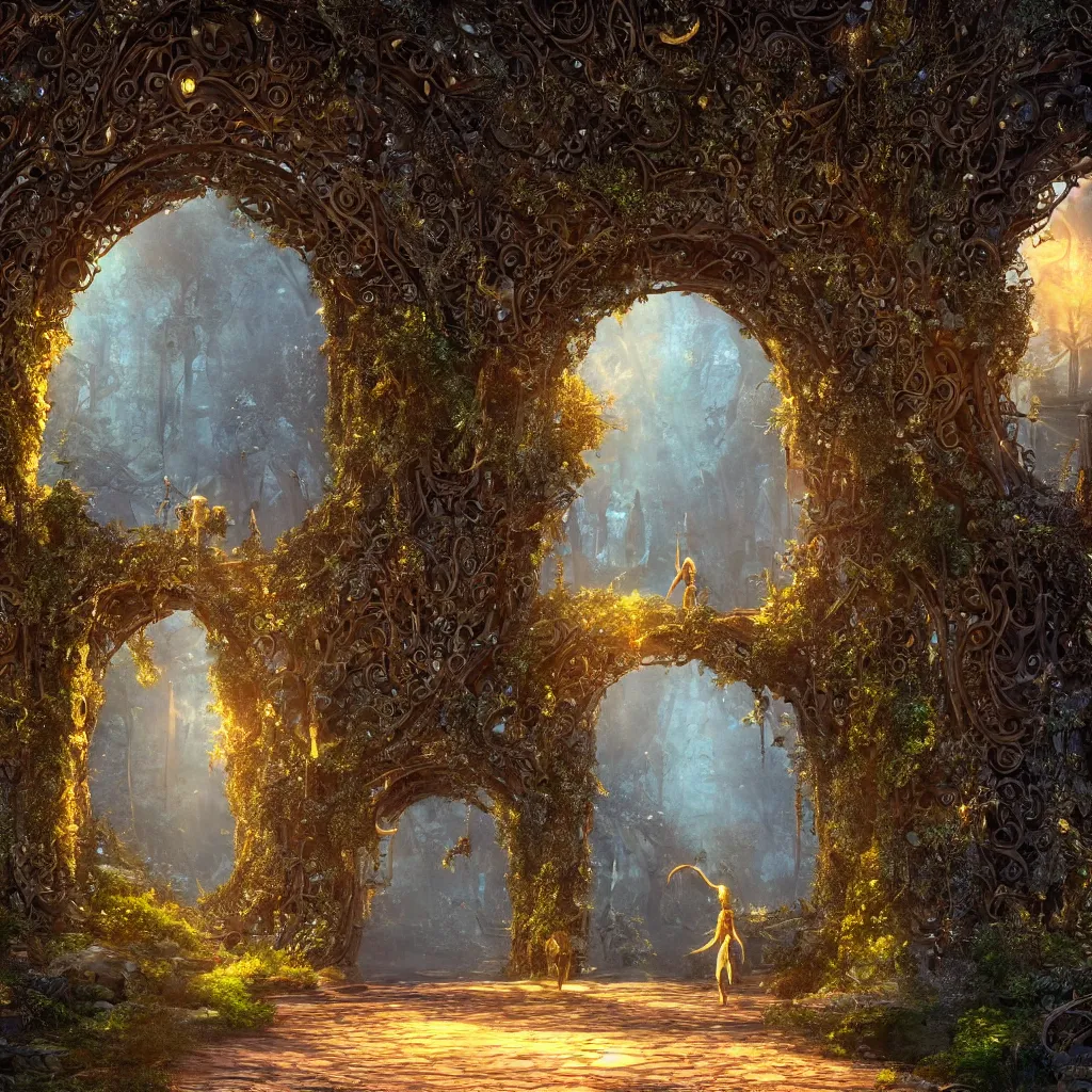 Prompt: overgrown ruined metal archway into a magical elven city, beautiful, intricate, detailed, golden light, 3 d animated movie frame, 8 k