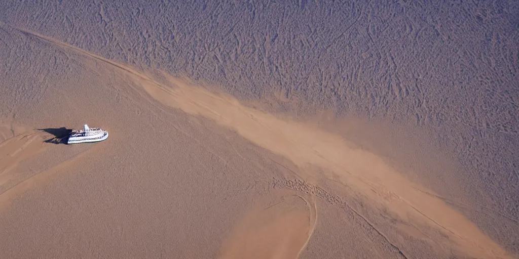 Prompt: a cruise ship sailing thru sahara desert while making big waves in sand, detailed, digital photo, aerial view