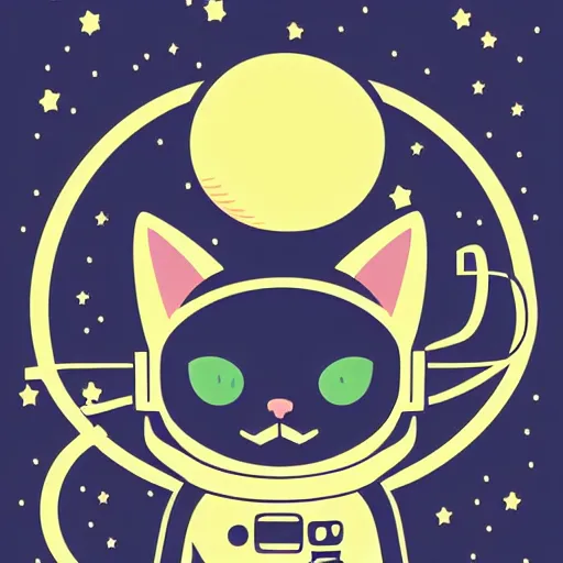 Prompt: a simplified vector based illustration about a kitten with a cosmonaut helmet, style of Akira motion movie, space colors, smooth and clean vector curves, no jagged lines, vinyl cut ready