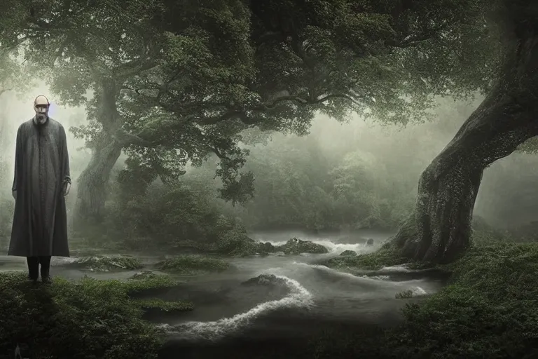 Prompt: an ultra realistic cinematic!! headshot portrait!! of an evil wizard in a vast serene landscape with trees and rivers in the matrix, matrix code, detailed, deep focus, movie still, dramatic lighting, ray tracing, by michal karcz and ryoji ikeda