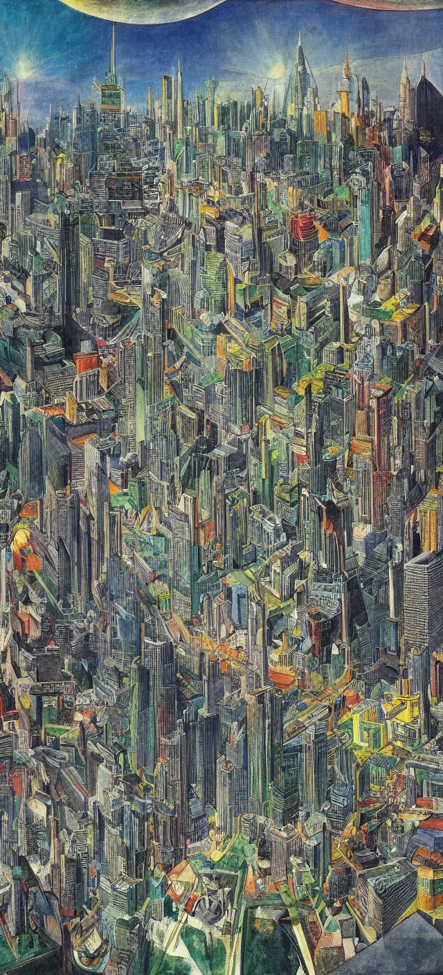 Prompt: a futuristic cityscape by william blake, colorful, wide greenways
