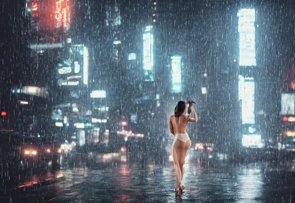Prompt: hyperdetailed cinematic portrait looking from behind at a low angle with a 4 0 0 mm lens and bokeh under the dim lights of screens with advertising at a lone sexy model wearing a sheer wet see through white dress getting soaked in the rain blade runner aesthetic