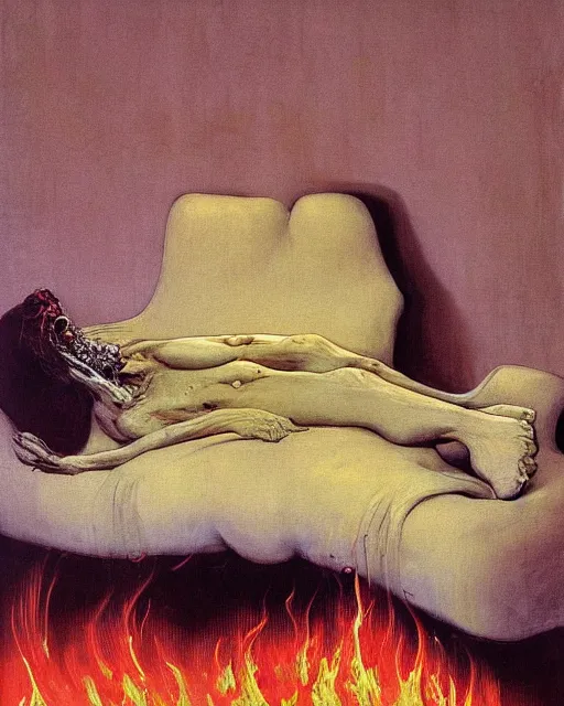 Image similar to thick flowing expressive acrylic painting of an old dead figure sitting on a couch in an old apartment watching the dog on fire,  Beksinski painting, part by Francisco Goya and Gerhard Rich⁷⁷ter. art by James Jean, Francis Bacon masterpiece