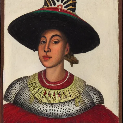 Prompt: head and shoulders portrait of a female knight, mexican, sombrero