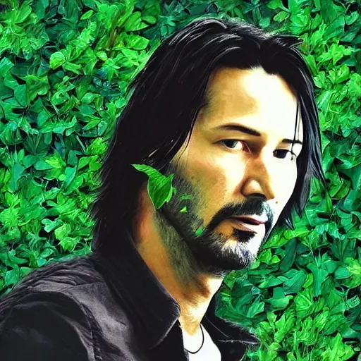 Prompt: portrait of keanu reaves made of green leaves