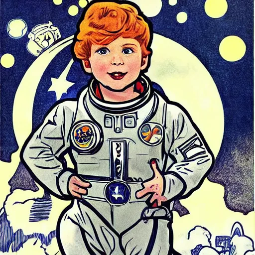 Image similar to a cute little boy with a mischievous face and short ginger hair. he is dressed as an astronaut. well composed, clean elegant painting, beautiful detailed face. comic book art by steve ditko and jack kirby and ( alphonse mucha )