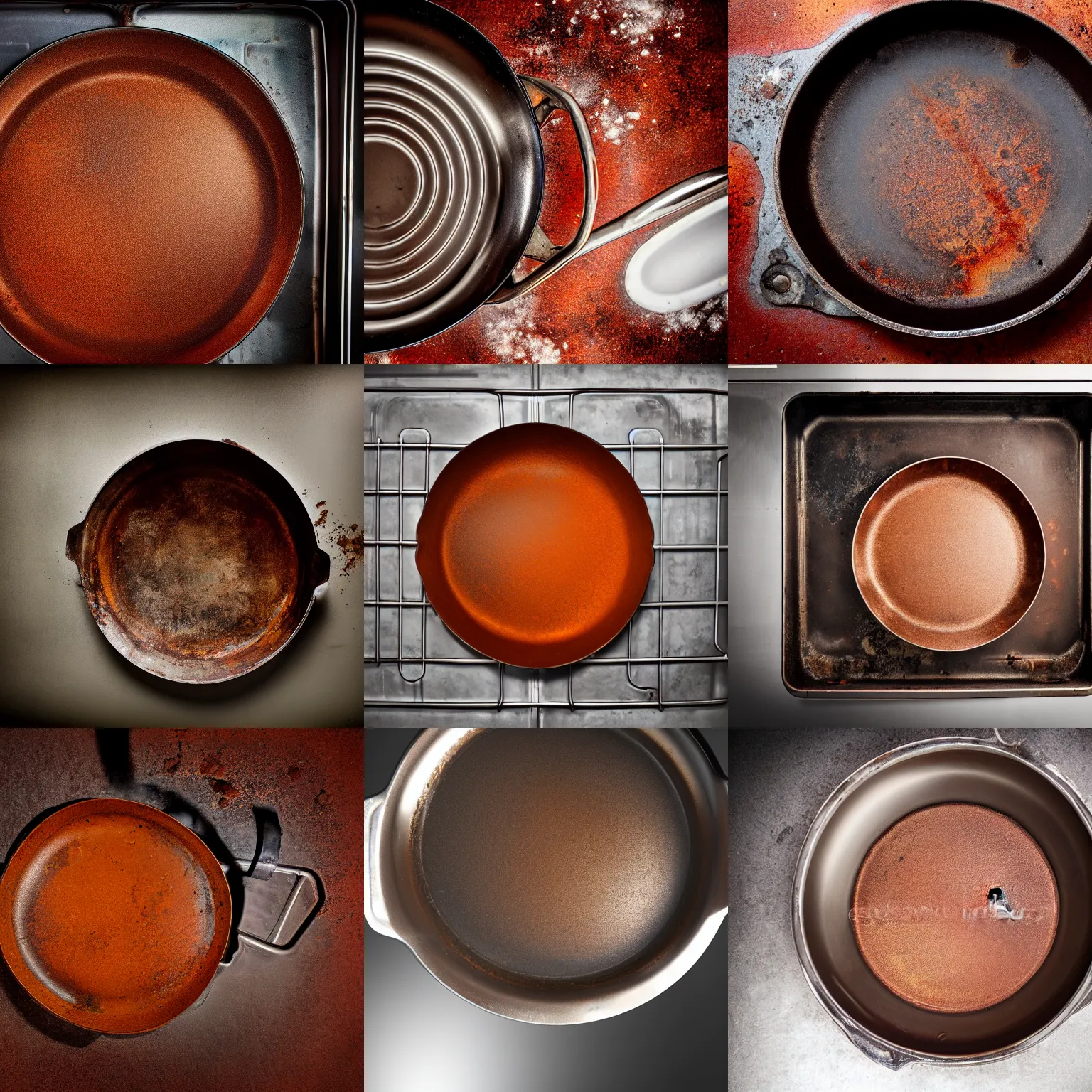 Prompt: Rusty frying pan on the inside of a dishwasher, professional photography, studio lighting, brown rust