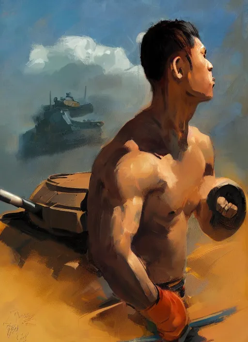 Image similar to greg manchess side portrait of a filipino mma fighter sitting on a tank, organic painting, sunny day, matte painting, bold shapes, hard edges, street art, trending on artstation, by huang guangjian, gil elvgren, ruan jia, randy vargas, greg rutkowski