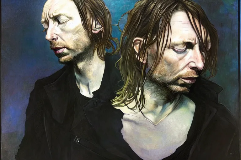 Image similar to hyper realistic portrait of thom yorke singer songwriter, side, liminal space, by lee bermejo, alphonse mucha and greg rutkowski mixed with kurt cobain