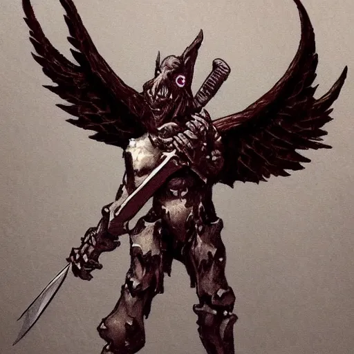 Prompt: goblin with angel wings, wings have knives instead of feathers, sword in hard, realistic, cinematic, night time,