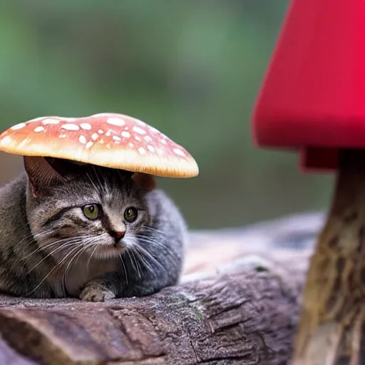 Prompt: a small domestic housecat with a mushroom growing atop its head