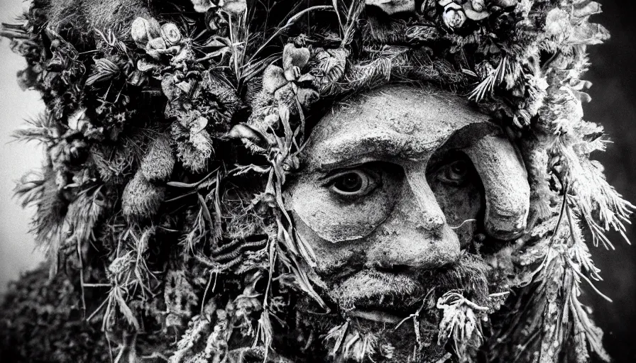 Image similar to portrait of a tyrolean folklore mask, dolomite, forest, wearing hay coat, with horns, eerie, flowers growing out of his body, detailed intricate insanely detailed octane render, 8k artistic 1920s photography, black and white, grainy, photorealistic, chiaroscuro, by David Cronenberg, Raphael, Caravaggio