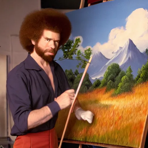 Image similar to a closeup photorealistic photograph of bob ross working on a canvas painting of batman and robin. film still. brightly lit scene. mountains and trees. this 4 k hd image is trending on artstation, featured on behance, well - rendered, extra crisp, features intricate detail, epic composition and the style of unreal engine.