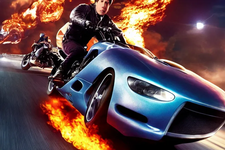 Image similar to henry winkler without a helmet, close up, racing a motorcycle in the fast and the furious movie, explosions, octane render, 4 k, hyper realistic, cinematic lighting