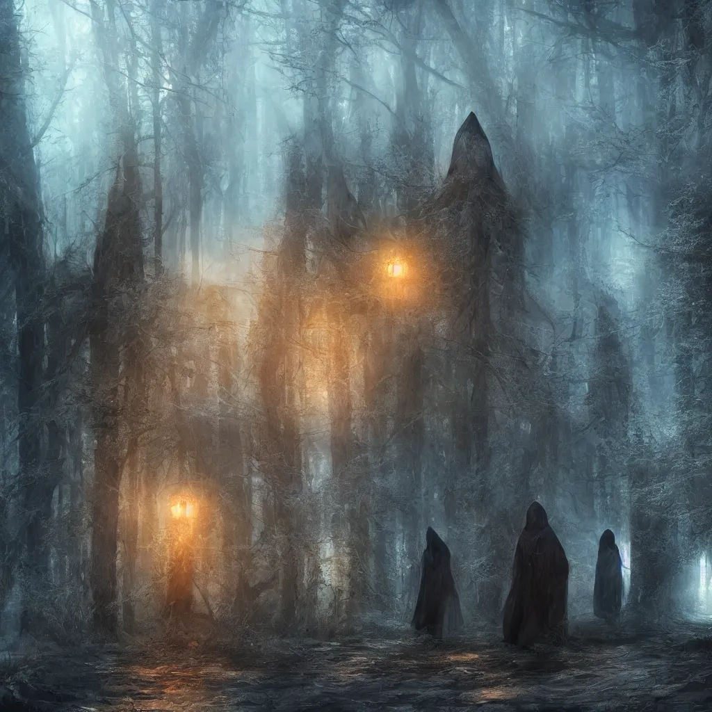 Image similar to high drama, distant hooded figures, hdr, luminescent invocations, diffuse magic, movie still, intricate highly detailed mystical prisms, fully photorealistic, artstation, beautiful concept art, smoothened, sharp luminescent focus, nd 6, sony fx 6