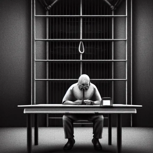 Prompt: cinema 4D cinematic render, ultra detailed, elegant, of a person inside a jail cell sitting with a desk and CRT monitor, 4K concept art, detailed, dark setting, cinematic lighting, light shining through the jail cell, casting shadows, trending on art station, old computer monitor, stressful, working, hyper realistic, ultra detailed, unreal engine, 8K post production