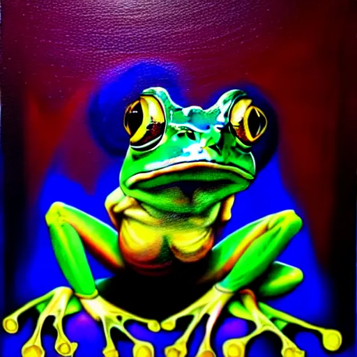 Prompt: vr painting of abstract surrealist forms frog by yvonne mcgillivray by mandy jurgens by michael divine, powerful eyes glowing highly detailed painting, spiritual abstract forms, symmetrical, trending on art station, abstract emotional, very beautiful, fantasy digital art, highly detailed patterned visionary art, magic symbols, by michael divine, cosmic nebula, black gold color scheme