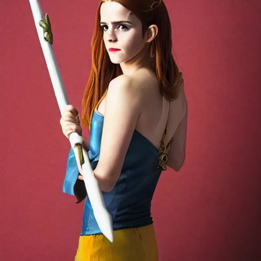 Image similar to a full body photo of emma watson as nami from one piece holding a trident in one hand, award winning photography, 50 mm, perfect faces.