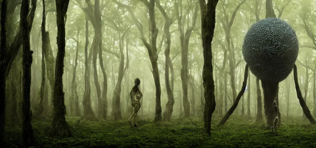 Image similar to a complex organic fractal 3 d ceramic humanoid megastructure in a lush forest swamp, foggy, cinematic shot, photo still from movie by denis villeneuve