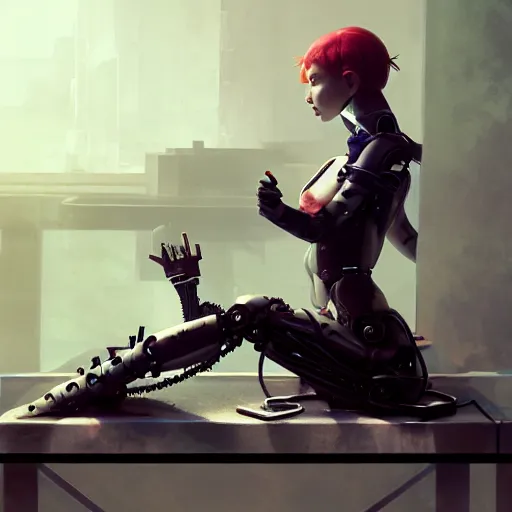 Image similar to broken cyborg - girl by tom bagshaw, sitting on a metal table by ilya kuvshinov, rtx rendering, octane render 1 2 8 k, maya, extreme high intricate details by wlop, digital anime art by ross tran, medium shot, close up shot, composition by sana takeda, dramatic lighting by greg rutkowski