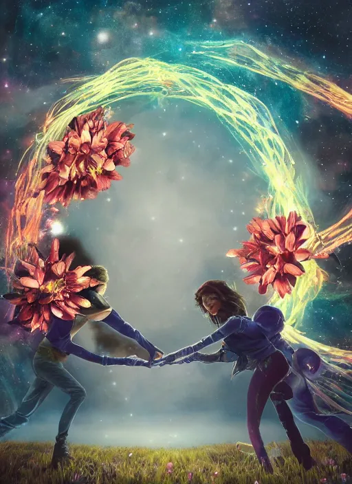 Image similar to An epic fantastic realism comic book style painting of the most beautiful entwined flowers launched across the dark and starry night sky, nebulous bouquets, fisheye lens, unreal 5, DAZ, hyperrealistic, octane render, dynamic lighting