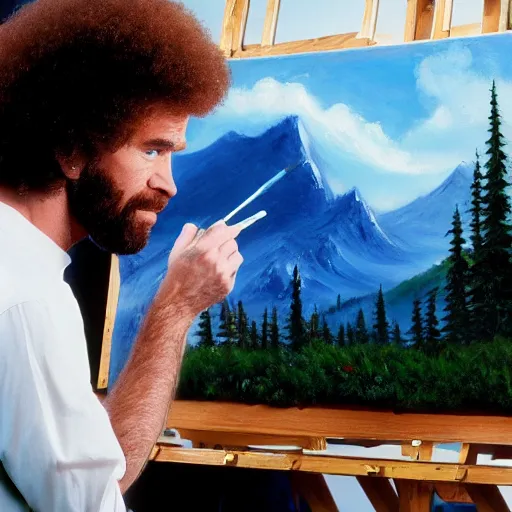 Image similar to a closeup photorealistic photograph of bob ross working on a canvas painting of superman. film still. brightly lit scene. mountains and trees. this 4 k hd image is trending on artstation, featured on behance, well - rendered, extra crisp, features intricate detail, epic composition and the style of unreal engine.