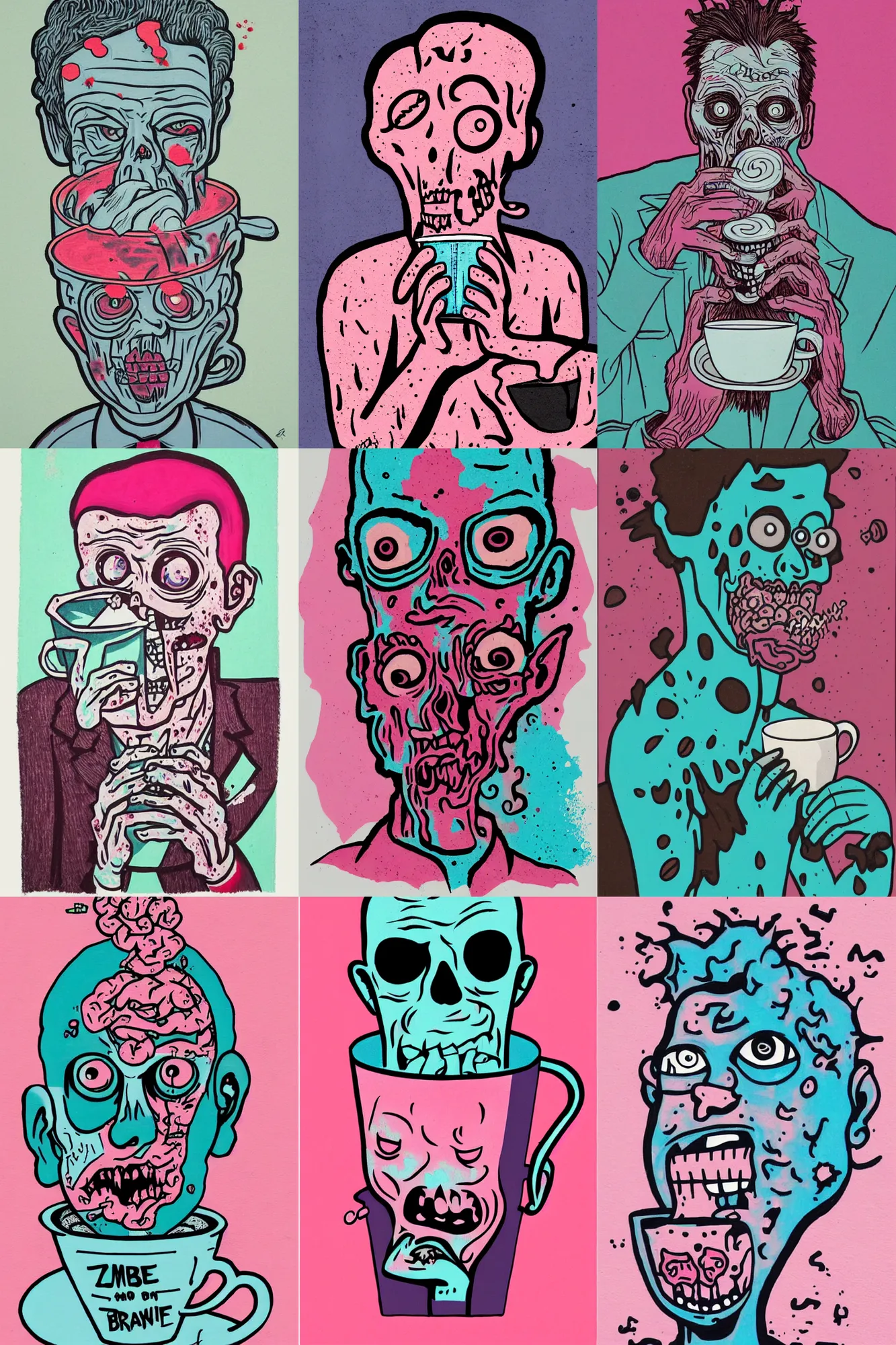 Prompt: zombie drinking brain from a coffee cup, portrait by mcbess, pink and blue colour faded