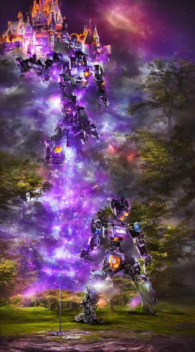 Prompt: giant robot with purple lights destroying a mini fantasy castle, professional photo, hdr, bokeh, sci fi, tiny castle, fantasy, small world, miniature