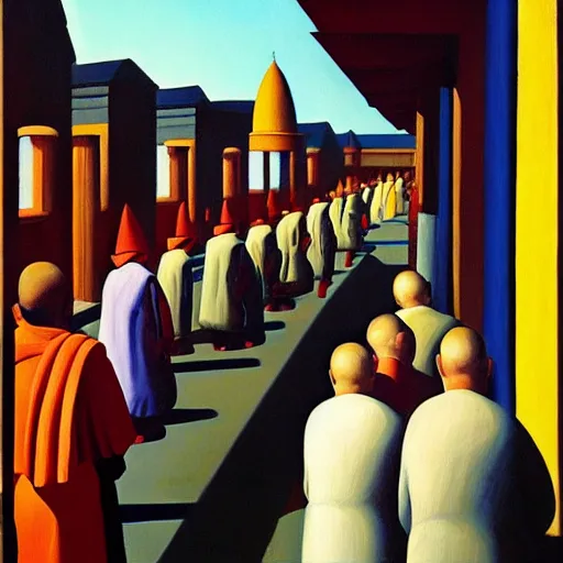 Image similar to monks queue up for ice cream, grant wood, pj crook, edward hopper, oil on canvas