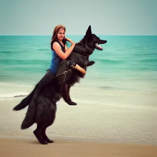 Image similar to girl riding a giant German shepherd at the beach, trending on artstation