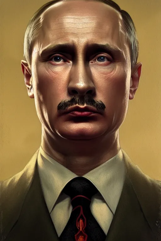 Prompt: vladimir putin as hitler, realistic portrait, symmetrical, highly detailed, digital painting, artstation, concept art, smooth, sharp focus, illustration, cinematic lighting, art by artgerm and greg rutkowski and alphonse mucha